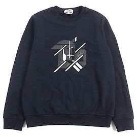 Hermès Pull en coton, peau de mouton et cuir Hermes Chevaux en Symmetrie Bleu Bleu Marine