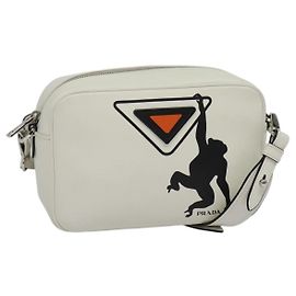PRADA Shoulder Bag Leather White Silver Auth BA5096 Silvery White