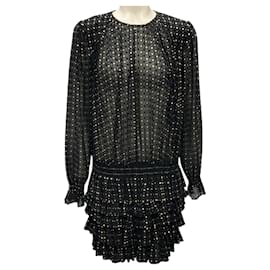 Saint Laurent-Saint Laurent Black / Gold Ruffled Long Sleeved Silk Mini Dress-Black