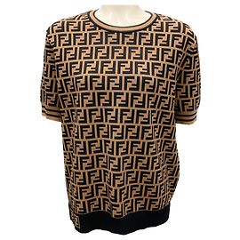 Fendi Kurzarm-Strickpullover mit Zucca-Muster und FF-Logo in Tabak / Schwarz Braun