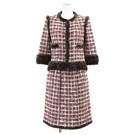 Chanel Tweed Rabbit Fur Setup Brown Red