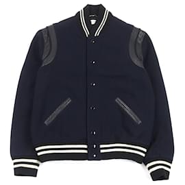 Yves Saint Laurent Blouson en cuir et laine mélangée Eddie de Saint Laurent Paris Bleu Bleu Marine