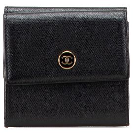 Chanel Coco Button Leather Trifold Wallet Black