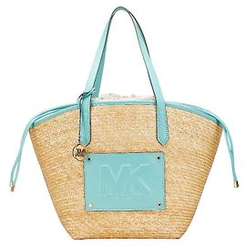 Bolsa Tote de Couro e Palha Michael Kors Bege Azul claro