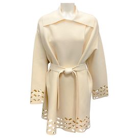 Alaïa Alaia Ivory Openwork Pea Coat with Belt Cream