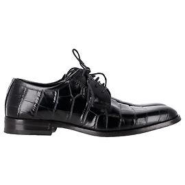 Saint Laurent Croc Embossed Lace Up Oxfords in Black Leather Black
