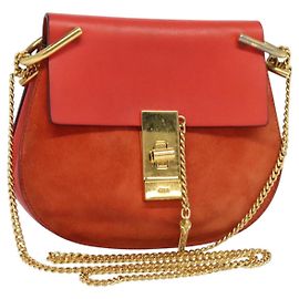 Chloé Borsa a Spalla Chloe Chain Drew in Pelle Scamosciata Rossa e Oro Auth gh688 Rosso D'oro