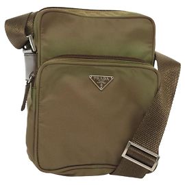 PRADA Shoulder Bag Nylon Khaki Silver Auth ki5896 Silvery Khaki