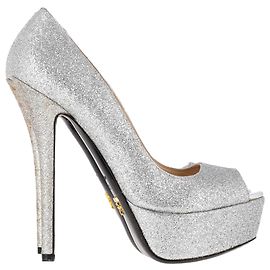 Prada Peep-Toe Platform Pumps in Silver Glitter Silvery Metallic