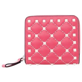 Valentino Pink Lambskin Free Rockstud Spike Compact Zip Around Wallet Pink Other