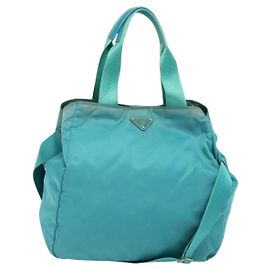 PRADA Tote Bag Nylon 2way Turquoise Blue Silver Auth ti3401 Silvery Turquoise