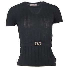 Schwarzes Woll-T-Shirt mit Rippstrick und Gürtel von Valentino Garavani Schwarz