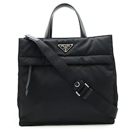 Bolsa 2WAY em nylon e couro com logo triangular Prada Preto