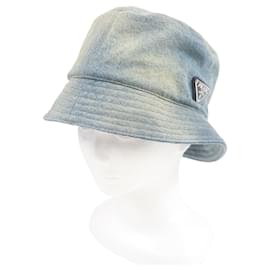 Chapéu bucket de denim com logo triangular Prada Azul