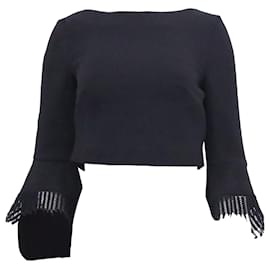 Roland Mouret-Roland Mouret Liverton Fringe Sleeve Crop Top in Black Wool-Black