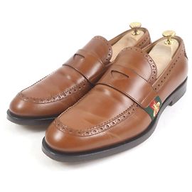 Mocassins de couro com bordado de abelha Gucci e linha web Marrom Bronze