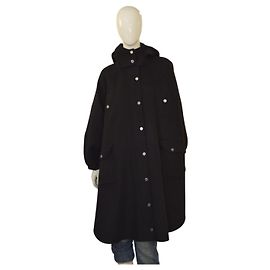 Maje Black Wool Hooded Cape Coat with Snap Buttons Black