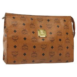 MCM Logogram Vicetos Clutch Bag em PVC Couro Marrom Dourado Auth am8955 Marrom Dourado