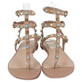 Valentino Beige Leather Rolling Stud Flat Sandals Beige