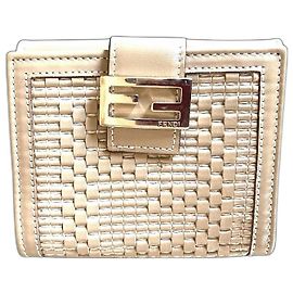 Fendi Woven Leather Wallet Eggshell Gold FF Clasp Eggshell