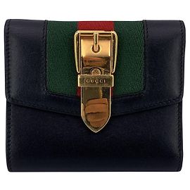 Gucci Black Leather Web Signature Sylvie Compact Trifold Wallet Black