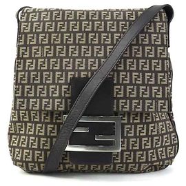 Fendi Brown Zucchino Canvas Leather Shoulder Bag Brown