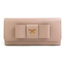 Prada Bi-Fold Long Wallet in Pink Beige Beige