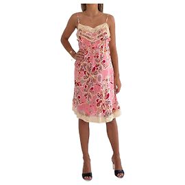 John Galliano Kleid aus rosa Seide mit Blumenmuster und Spitze Pink Mehrfarben