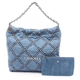 Bolsa Tote Chanel 22 em denim azul marinho e couro Azul marinho