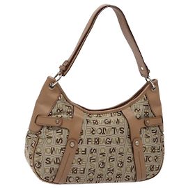 Salvatore Ferragamo Shoulder Bag Canvas Leather Beige Silver Auth bs28919 Silvery Beige