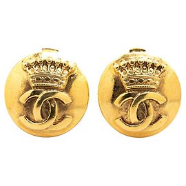 Boucles d'oreilles rondes vintage Chanel avec motif couronne Coco Mark Doré