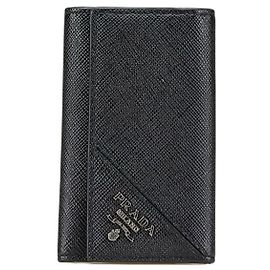 Prada Logo Saffiano Key Case in Black Leather Black