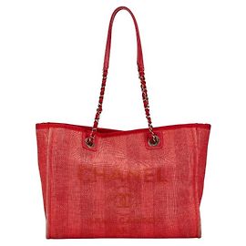 Chanel Deauville Tote MM Coco Mark Chain Bag Red