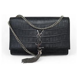 BOLSA SAINT LAURENT KATE TASSEL MÉDIA 354119 EM COURO COM ESTILO CROCODILO Preto