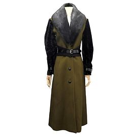 NEW LONG COAT LANVIN FUR COLLAR M 40 SYNTHETIC WOOL BELT Khaki