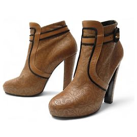 Hermès HERMES SHOES H PATTERN PERFORATED ANKLE BOOTS 39 IN BROWN LEATHER STRAP BOOTS Brown