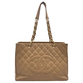Bolsa Tote de Couro Chanel Grande Compras Marrom Bege