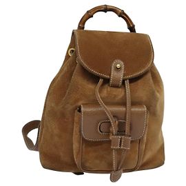 Mochila de Bambu GUCCI Camurça Marrom Ouro 003 58 0030 Auth ep10582 Marrom Dourado