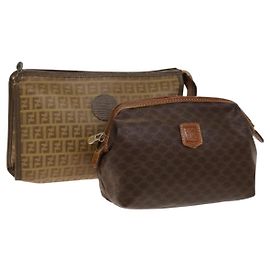 FENDI Celine Zucca Canvas Macadam Tasche PVC 2Set Beige Braun Auth ti3415 Braun Beige