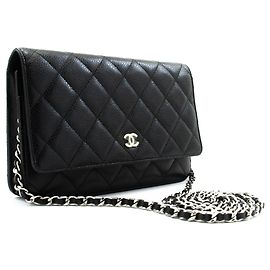 CHANEL Cartera de cadena de piel de ternera granulada negra WOC Negro
