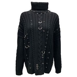 Thierry Mugler Pullover aus Wolle und Kaschmir mit Kabelstrick und schwarzem/silbernem Ringapplikation von Mugler Schwarz