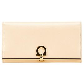 Salvatore Ferragamo Gancini Leather Long Wallet Beige Golden