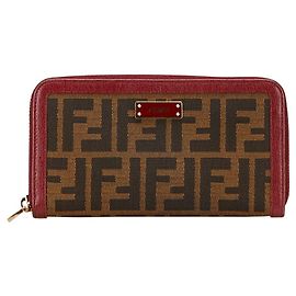 Cartera larga de lona Zucca de cuero Fendi Castaño Burdeos
