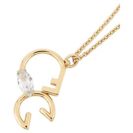 Fendi Gold Plated Metall Strass Anhänger Halskette Golden