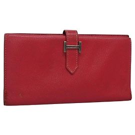 Hermès HERMES Wallet Leather Red Silver Auth 142361 Silvery Red