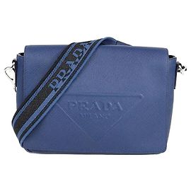 Borsa a tracolla in pelle Saffiano blu con logo impresso Prada Blu