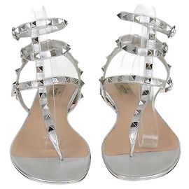 Valentino Silver Leather Rockstud Ankle Strap Flat Sandals Silvery