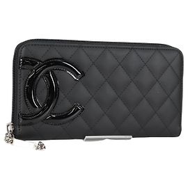 CHANEL Cambon Line Matelasse Long Wallet Leather Black CC Auth ac3874M Black