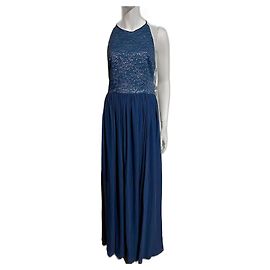 Vera Wang Lace and chiffon evening gown with open back Blue Metallic
