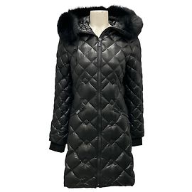 Diane Von Furstenberg Black Bonnie Fox Fur Trimmed Down Puffer Parka Coat Black